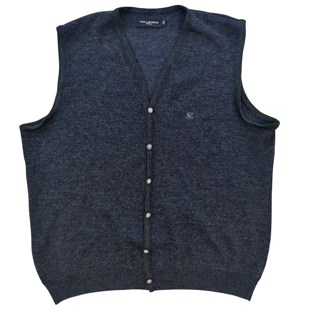 Ted Lapidus Paris Mens Charcoal Grey Wool Button Front Sweater Vest Knit Luxury